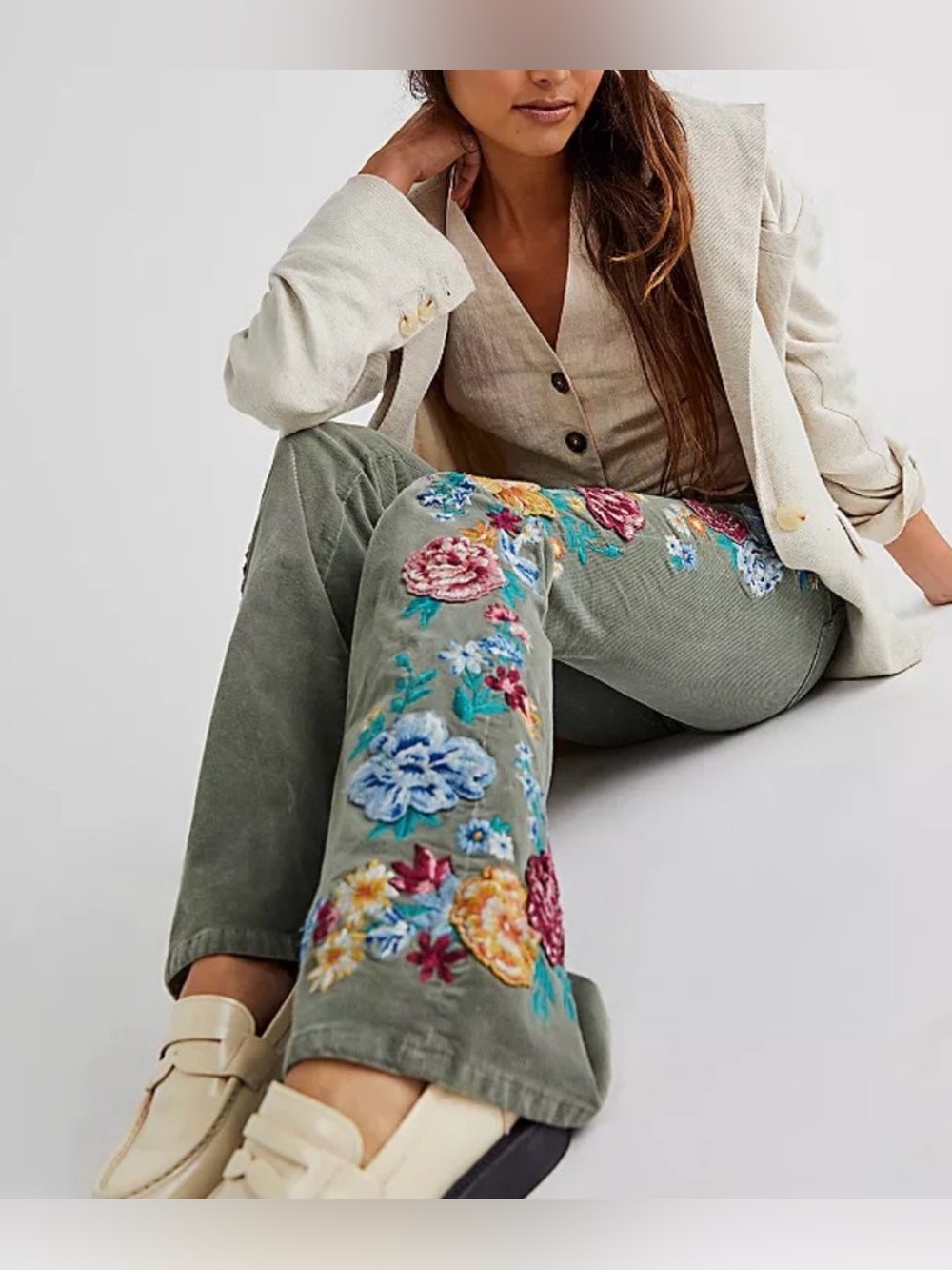 DRIFTWOOD x Free People Farrah Embroidered Corduroy Flare Pants Green Wide Leg - Picture 2 of 16